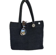 The Sak Black Hand Crochet Tote Mini Shopper Silver Logo Charm Soft Sided