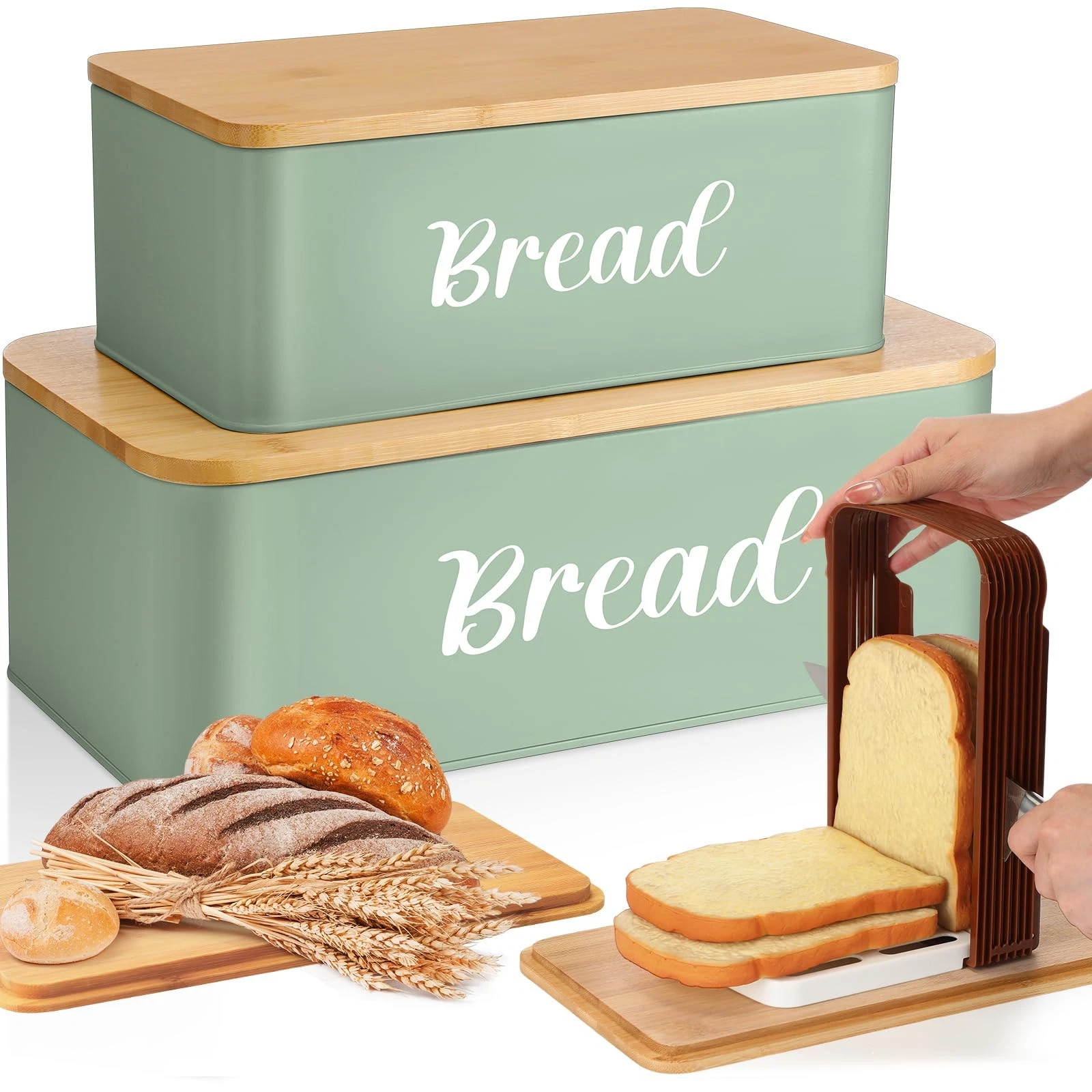 2 Pcs Extra Large Bread Box with Slicer, Metal Farmhouse Bread Storage Contai...
