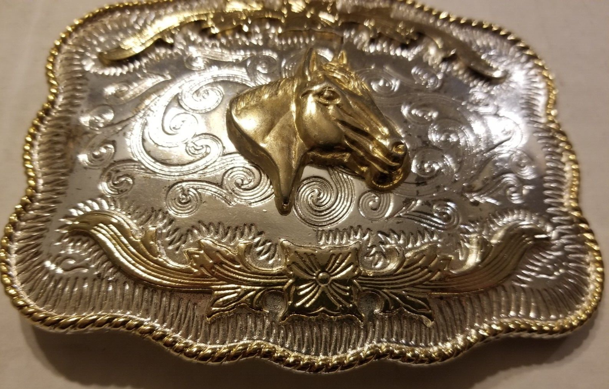 Vintage Western Style Belt Buckle Horse Themed Gold And Silver Tones 2\