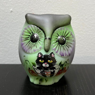 Fenton Glass Halloween Owl Bucket Black Cat Fall Figurine Ltd Ed #13/31 M Kibbe
