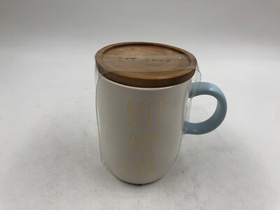 Rae Dunn Ceramic 18oz Best Day Ever Coffee Mug with Wood Coaster AA02B22022