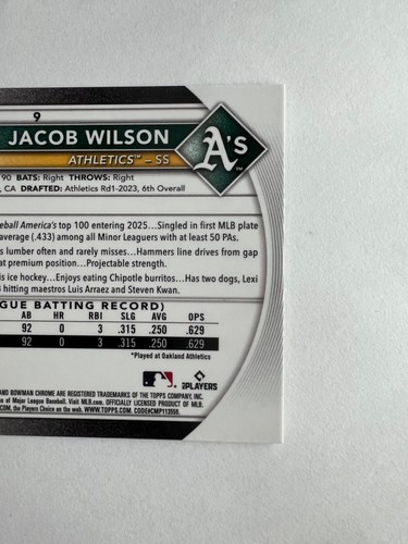 2025 Bowman Chrome Jacob Wilson RC Red Logo Redemption #9 Athletics - Picture 4 of 8