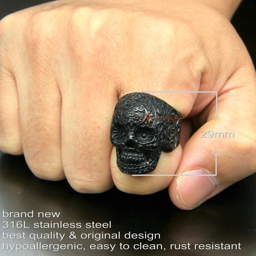 Black Flower Skull 316L Stainless Steel Ring Men's Gothic Rocker Biker Jewelry - Picture 2 of 9