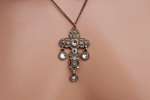 Metal CROSS Pendant NECKLACE Crystal Rhinestone AGED EFFECT Long GOLD Tone Chain