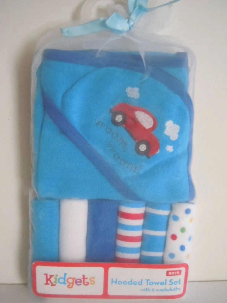 BABY BOYS' GO FOR A RIDE CUTE SOFT HOODED TOWEL SET WITH 6 WASHCLOTHS BY KIDGETS