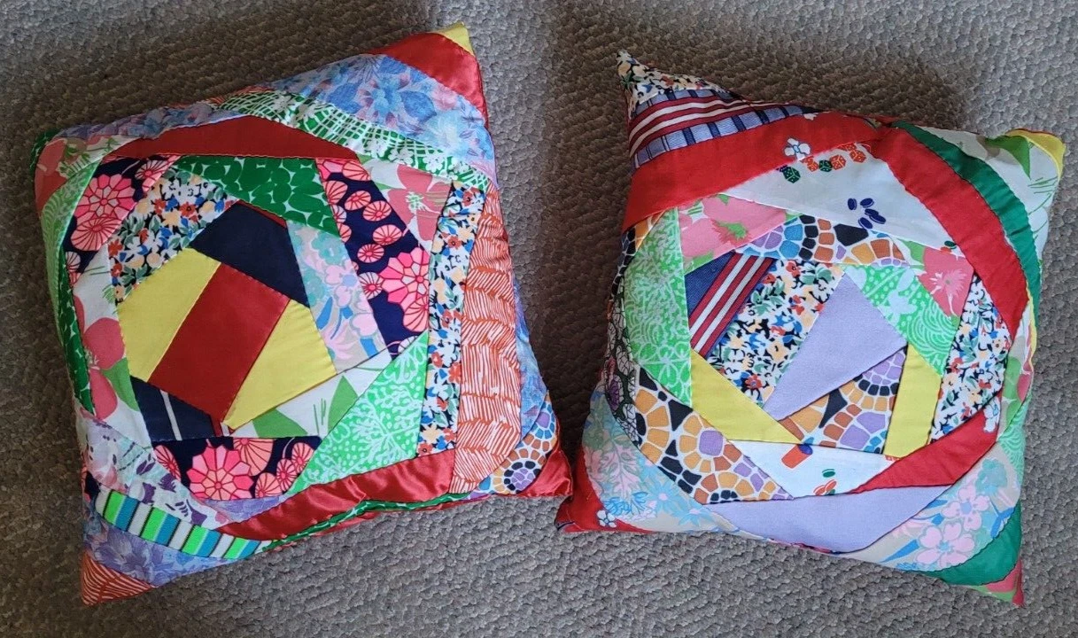 2 Vintage Quilted Throw Pillows Multicolor Shiny Decorative Collectible Handmade