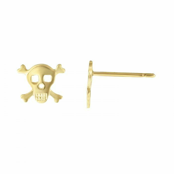 Pendientes De Stud Con Calavera De 1/4" De Oro Amarillo Real De 14K 0.4gr