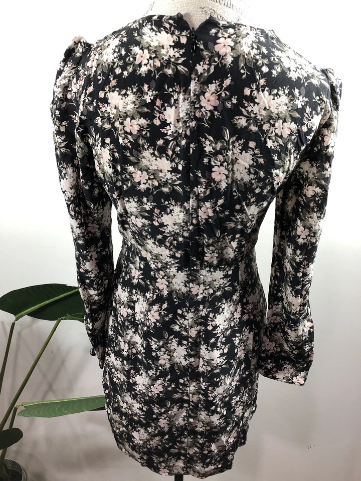 NEW CLUB MONACO Black Floral Print Amelda Faux Wrap Skirt 100% Silk Dress 4 - Image 3 of 4