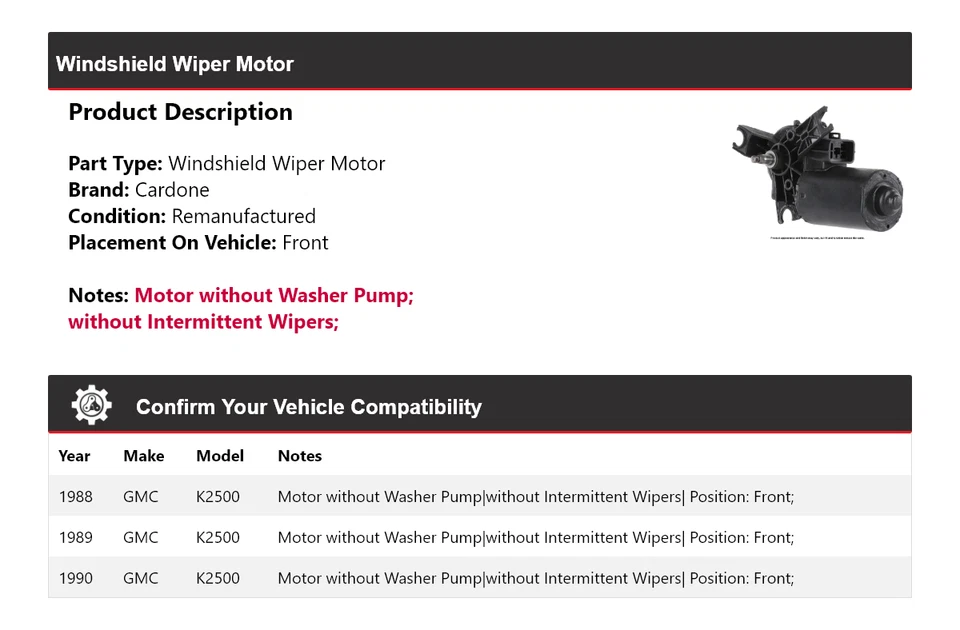 Para GMC K2500 1988-1990 Limpiaparabrisas Motor Delantero Cardone 1989 Foto 2 de 4