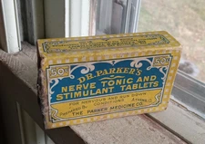 DR.PARKER'S NERVE TONIC & STIMULANT TABLETS ATHENS,OHIO EARLY 1900 CARDBOARD BOX