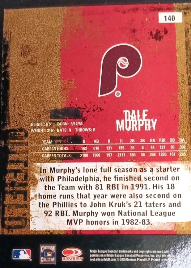 ⚾️ 2005 Donruss Leather & Lumber - Dale Murphy #140☆Phillies☆HOFer☆🔥  - Image 2 of 2