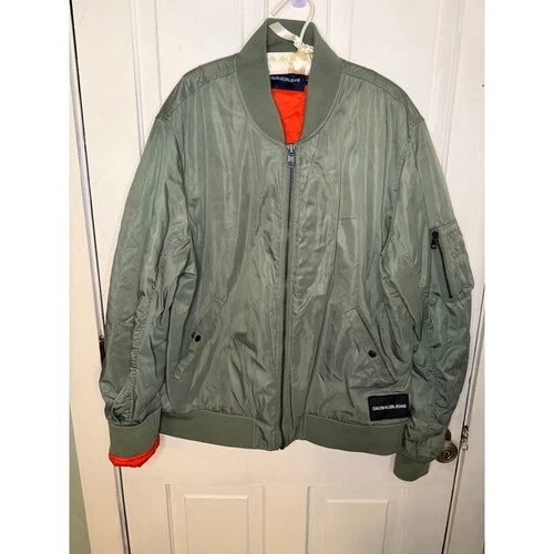 Calvin Klein Jeans Mens XXL Sage Green Bomber Flight Jacket Orange Lining MA-1 - product listing photo