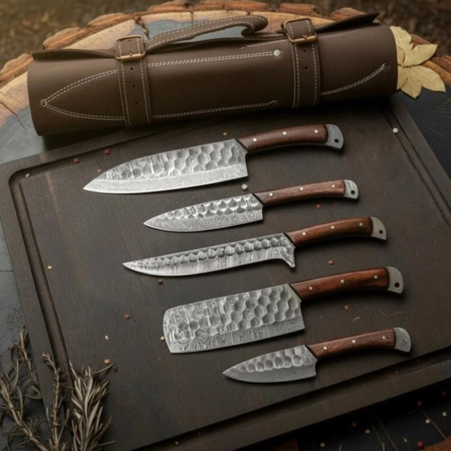 Hand-Forged Damascus Steel Chef Set: Red Pakka Wood Handle, 5pcs Kitchen Knife