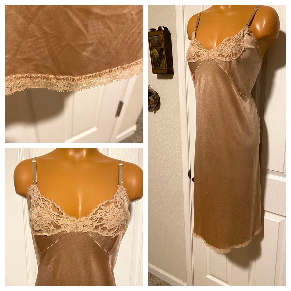 DE COLECCIÓN AÑOS 70 CARMEL BEIGE NAILON CON CORPIÑO DE ENCAJE Y RIBETE SLIP COMPLETO TALLA 42 (XL) Foto 2 de 4