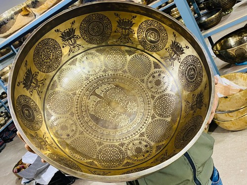Large Buddha feet & Auspicious Symbols etched singing bowl- In Various Sizes- - Picture 6 of 6