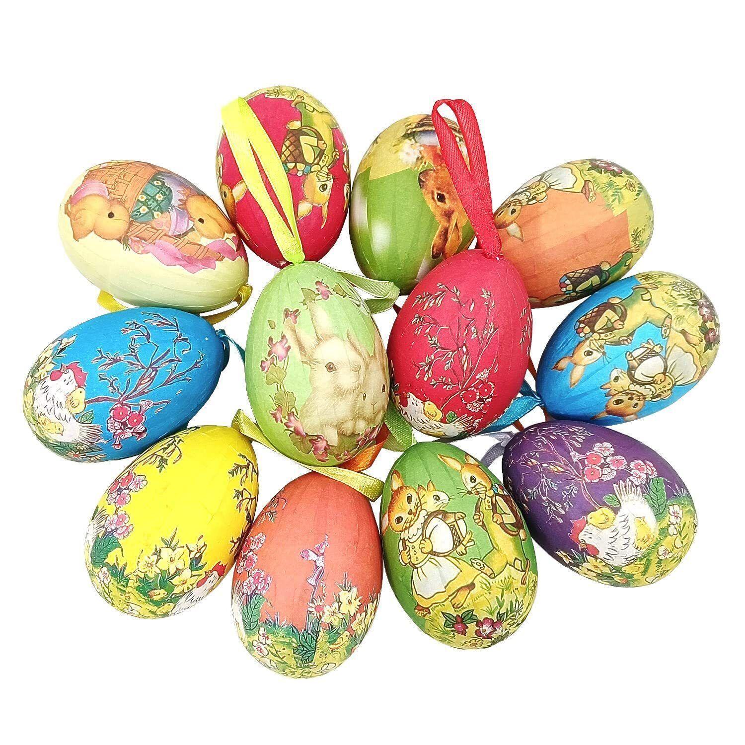 12pcs Vintage Style Paper Mache Foam Egg Hanging Ornaments Easter Colorful