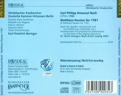KARL-FRIEDRICH BERINGER C.P.E. BACH: MATTHÄUS-PASSION 1781 NEW CD