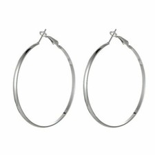 Silver White Gold Plated Smooth Shiny Flat Band Round 50mm 2.2" Hoop Earrings