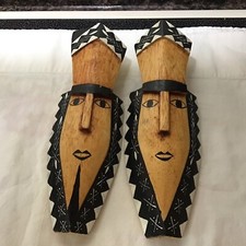 Set Of 2 Small Tiki Tribal Masks Wood 8 In. Long