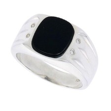 Sterling Silver Oval Black Onyx Ring w/ 3 Heavy Grooves At-a-Side  4 CZ Stones