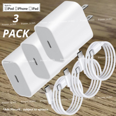 3Pack 20W Fast Charge USB-C Power Adapter PD Cable For iPhone 14/13/12/11/8/iPad