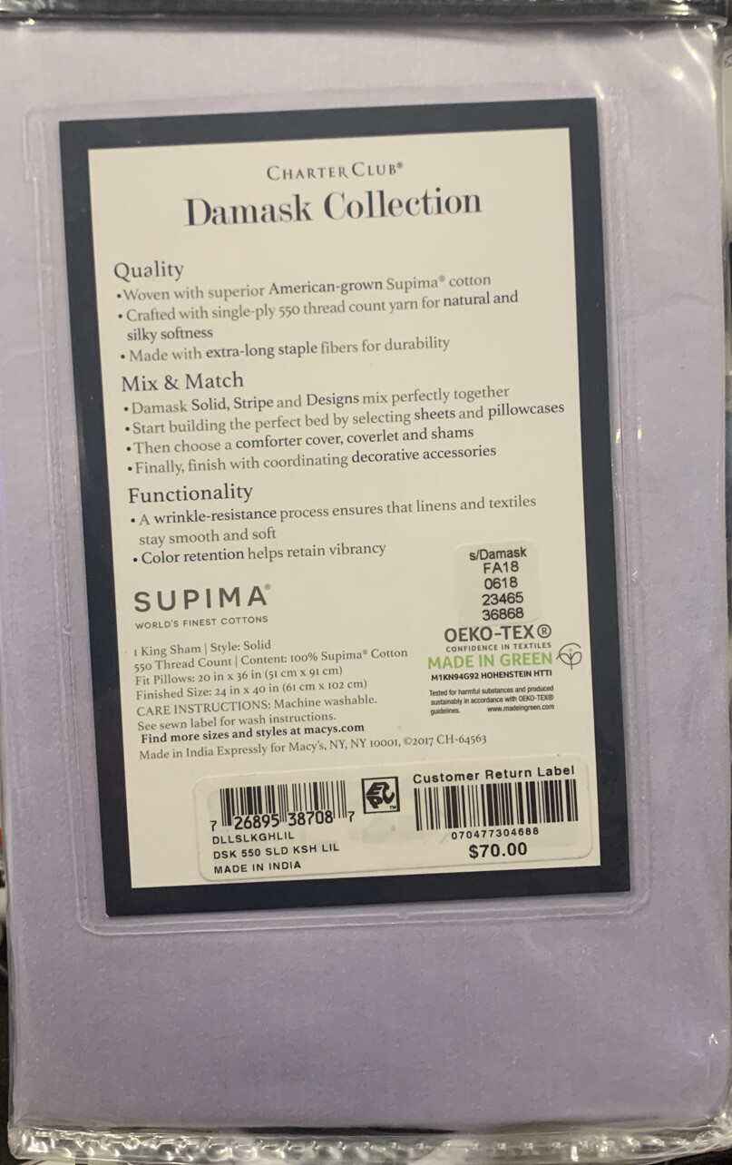 Charter Club King Pillow Sham Damask Solid 550 TC Supima Cotton Lilac