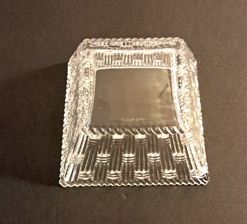 TIFFANY & CO. 4 inch Square Bowl Basketweave Crystal Glass Trinket Dish - Picture 3 of 12
