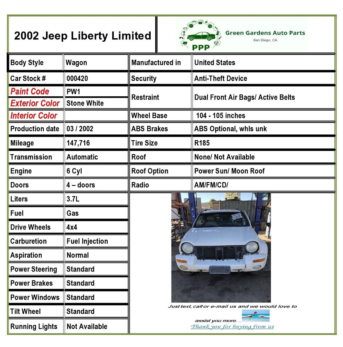 2002 JEEP LIBERTY Limited Wagon Interior Roof Dome Light Reading