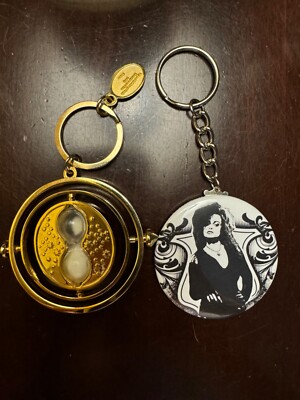 2 Harry Potter Key Chains Spinning Hourglass & Bellatrix Lestrange