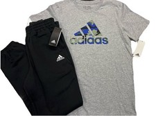 NWT ADIDAS BOY'S 2 PC SET GRAY SHORT SLEEVE  BLACK JOGGERS SWEATPANTS L 14-16
