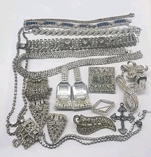 VTG MCM Art Deco Rhinestone Jewelry Repair Lot Necklaces Bracelets Clips Brooch