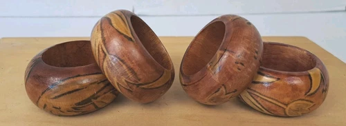 Wooden Painted Round Napkin Rings Tulip Flower Brown Boho Cottage Core Set of 4