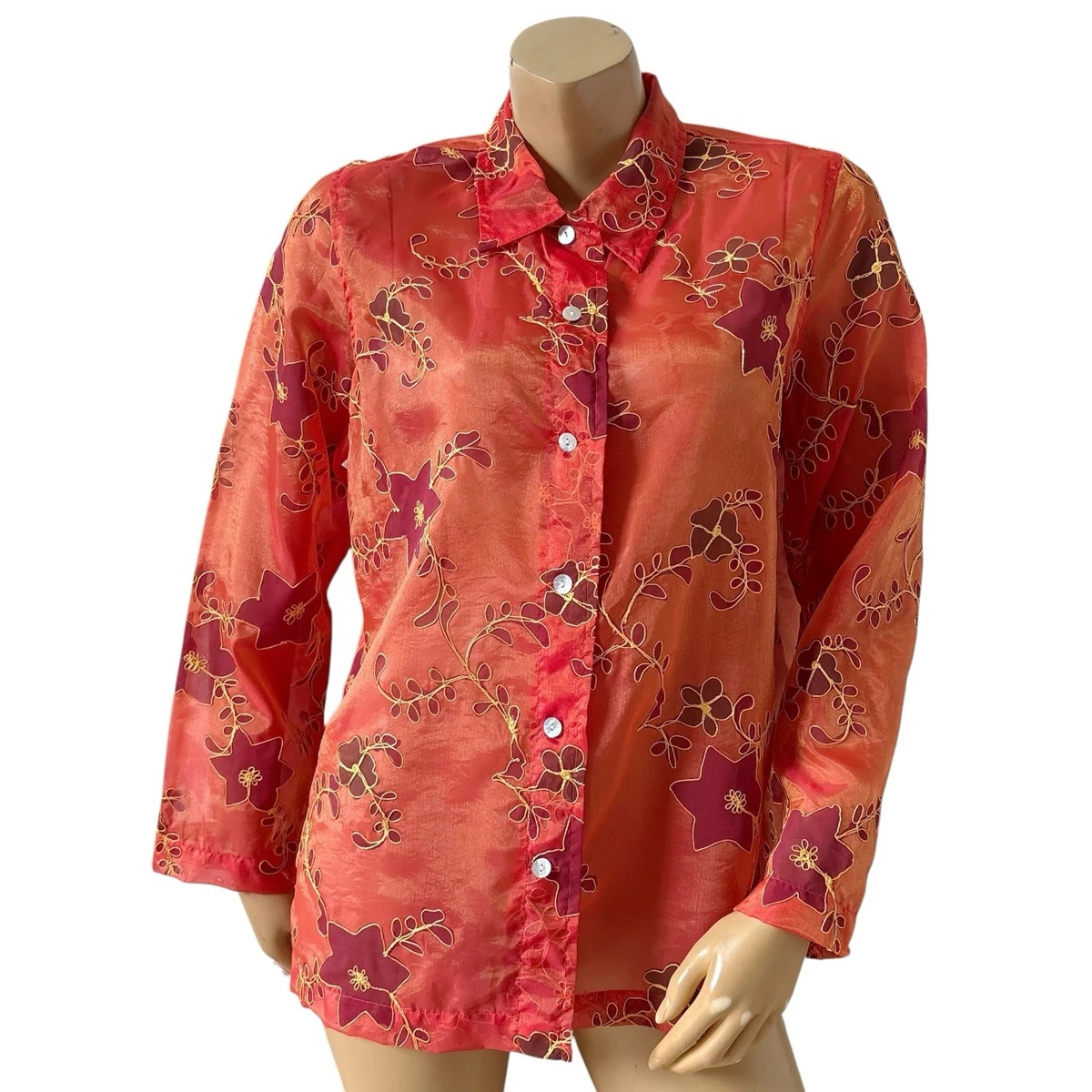 びん Blair Orange Red Floral Embroidered Button Up Blouse Womens M