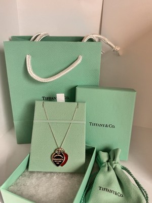Tiffany kleine rote Doppel Herz Anhänger Silber mit 16-18 Zoll verstellbare Kette