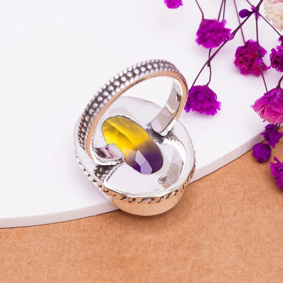 Elegante anillo de plata de ley 925 maciza con piedras preciosas de ametrino, joyería vintage V7752 Foto 4 de 4