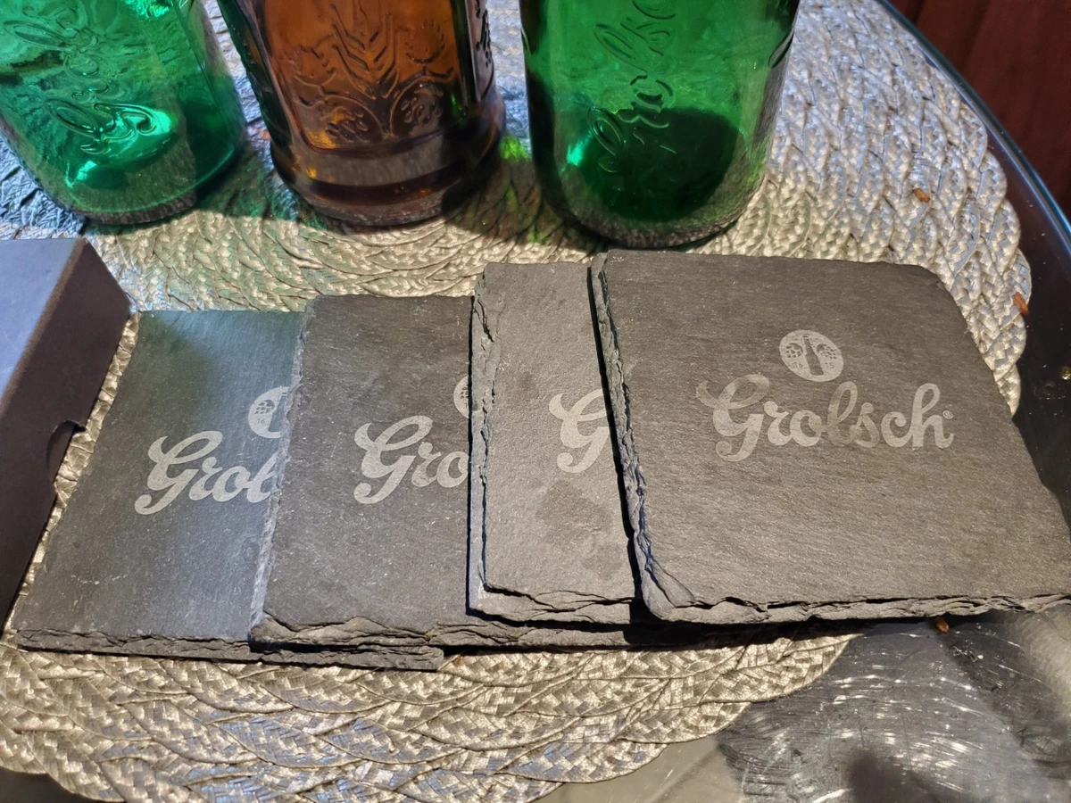 3 Grolsch  Beer Bottles w/ Ceramic Swing Top Empty VTG + Box Of 4 SLATE COASTERS