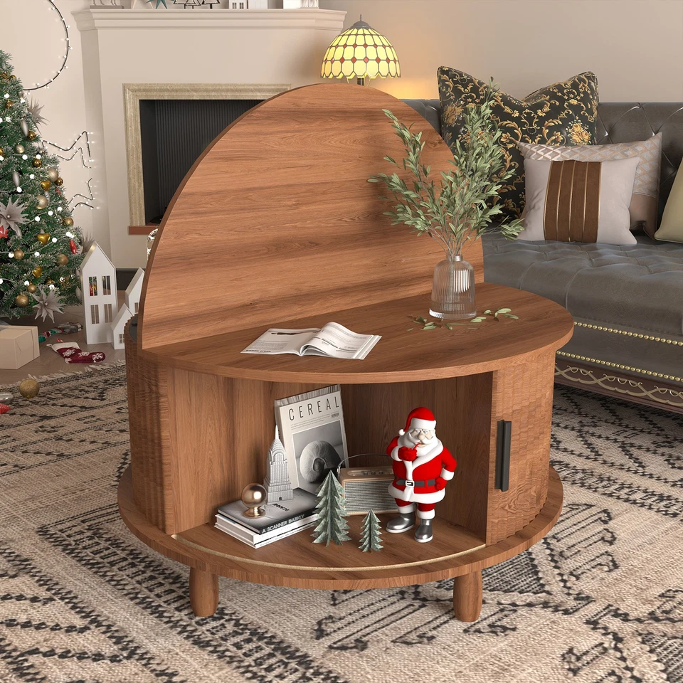 Round Lift-top Storage Coffee Table w/Sliding Door & Open Shelf for Living Room - Image 3 of 4