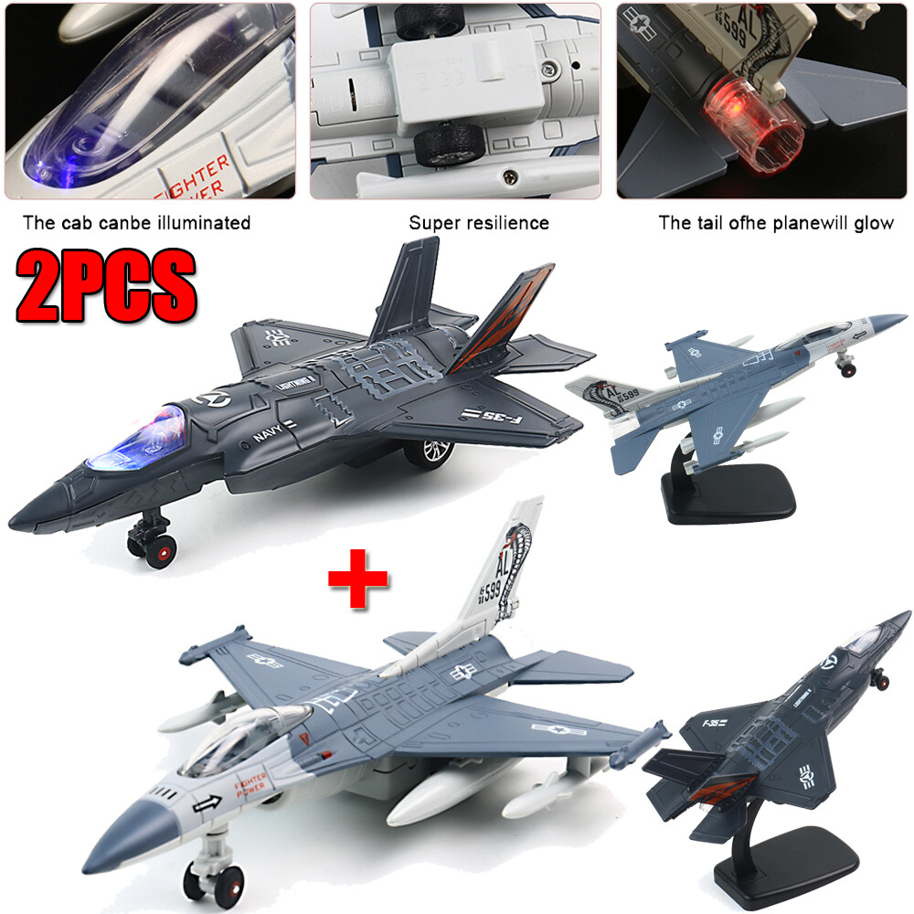 2Pcs F-35/F-16 Alloy Fighter Airplane Model W/ Led Light Wheel Airplane  Kids Toy | Ebay
