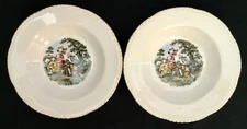 VTG HOMER LAUGHLIN 2 FLAT RIM 8" SOUP PLATES BOWLS COLONIAL EMBOSSED W/GOLD RIMS