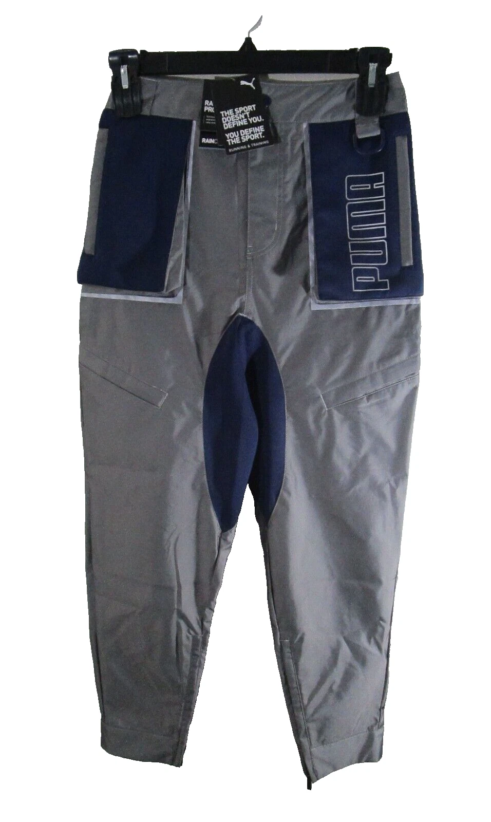 NWT PUMA CONQR Mens Running Training Cargo Rain Pants S Silver/Navy MSRP$150