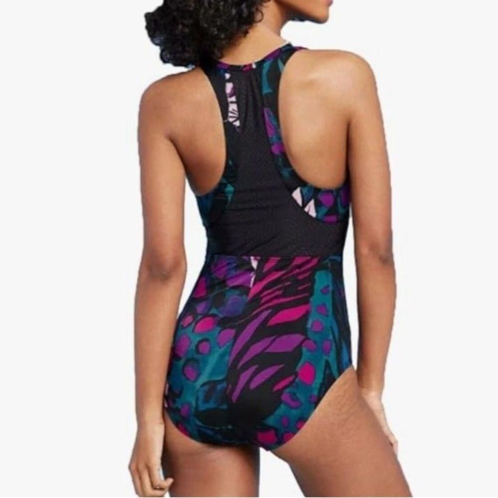 NWT Zip Front Racerback Laser Cut Mesh One Piece Swimsuit
