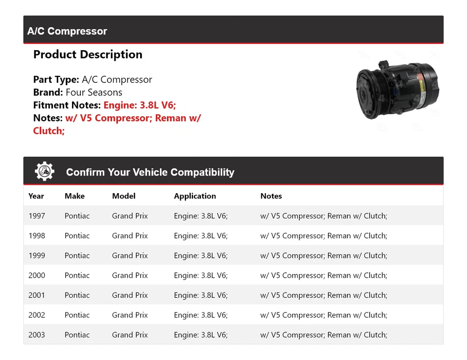 Compresor de aire acondicionado para Pontiac Grand Prix 1997-2003 3,8 L V6 4 estaciones 1998 1999 2000 Foto 2 de 4