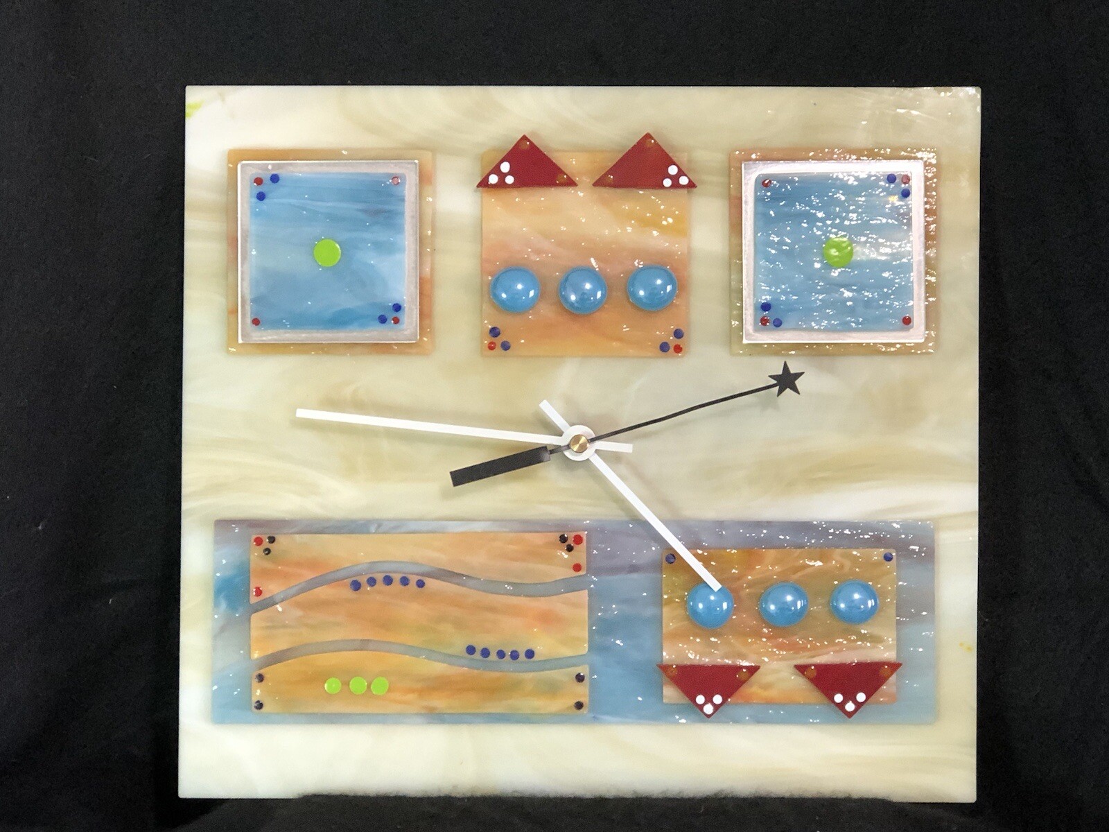 80S VINTAGE POP ART WALL CLOCK NEON FUSED ART GLASS FISH 10” x 10” OOAK MODERN