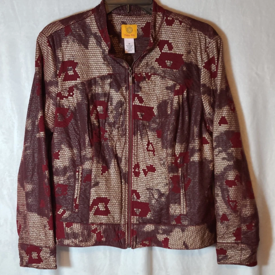 Ruby Rd. Women's 14 Jacket Burgundy Gray Shiny Detail Zipper Front Office Pocket - Image 2 of 4