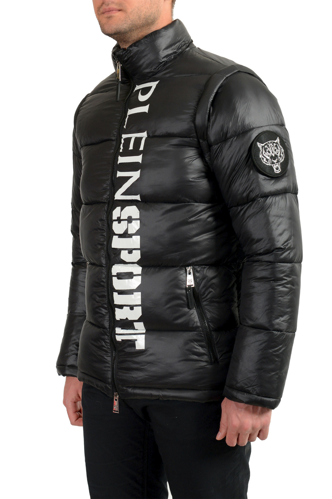 Plein Sport Men's Black Logo Print Zip Up Parka Vest With Detachable Sleeves