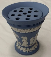 VINTAGE WEDGWOOD BLUE JASPER WARE VASE AND FLOWER FROG England