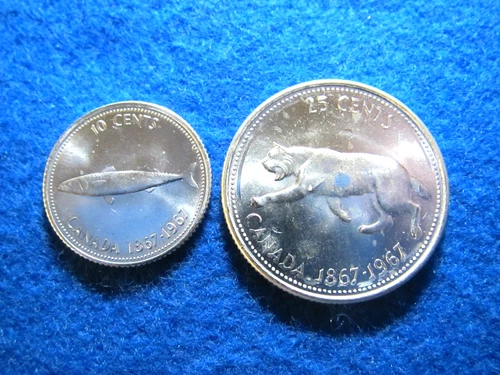 1967 Canada Silver 10 & 25 Cents - Commemorative - Fish & Bobcat - Bright Unc.