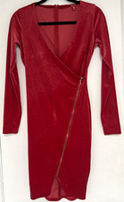 GUESS Red Velvet V-Neck Long Sleeve Stretch Bodycon Wrap Dress XS Zip
