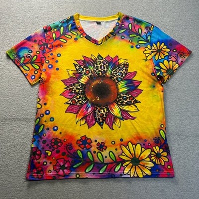Graphic T Shirt Womens XL Colorful Sunflower Floral Yellow Multicolor Top