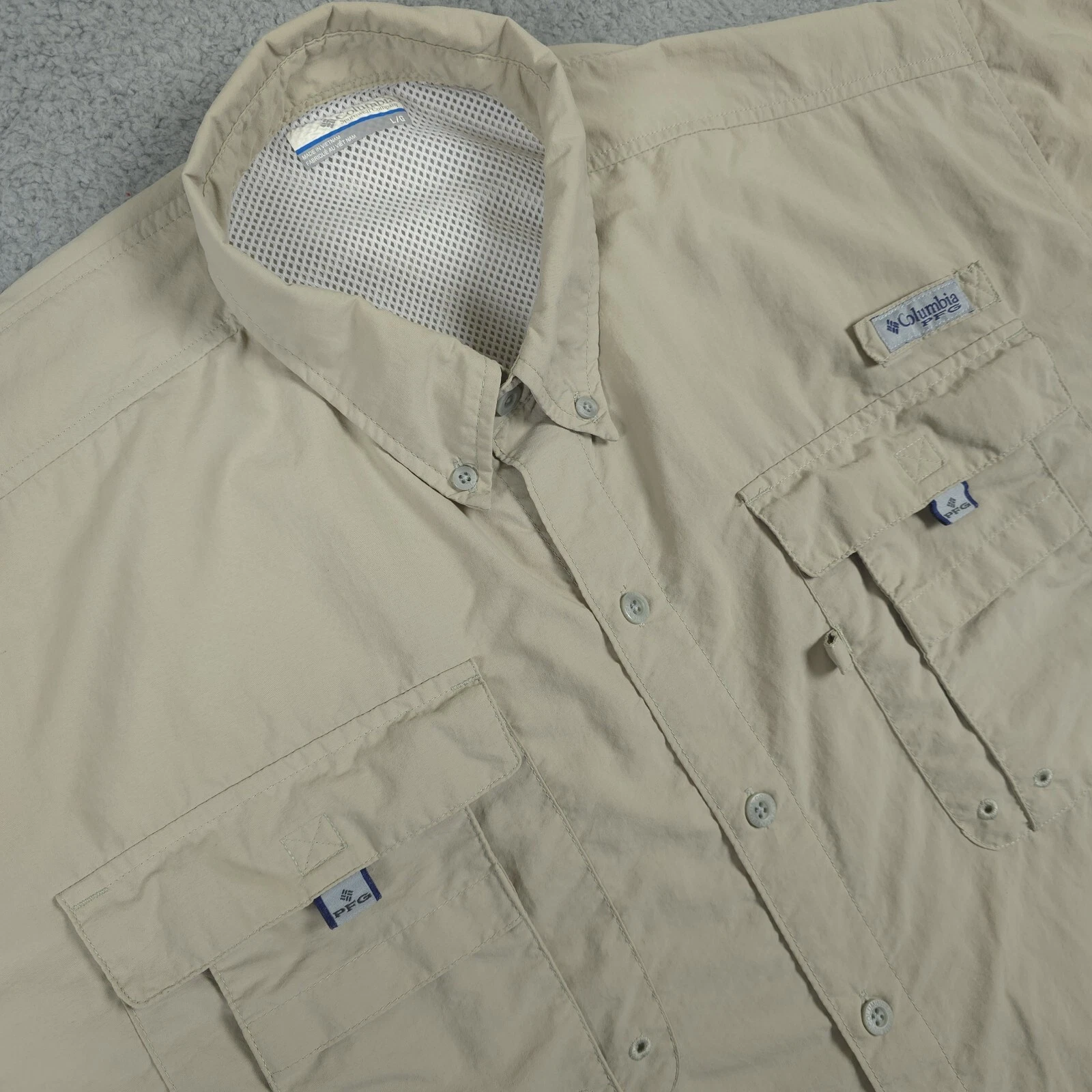 Columbia PFG Shirt Mens Large Tan Fishing Outdoor Vented Short Sleeve Omni Shade